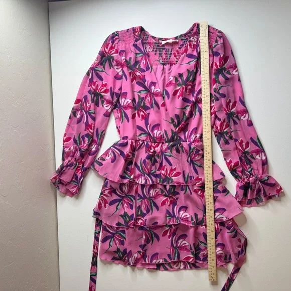 WAYF Tiered Ruffle Floral Mini Dress Size Medium Pink Long Sleeve Feminine Flowy - Picture 9 of 11